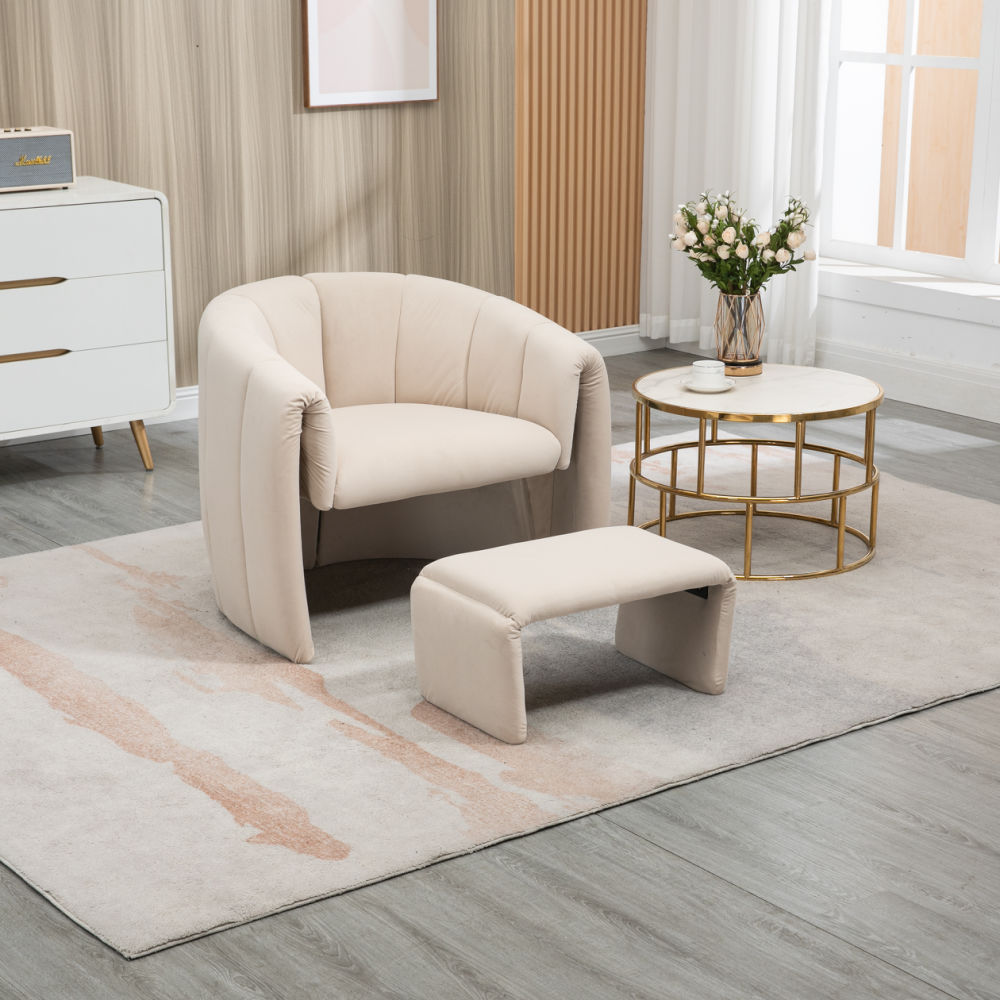 dropship COOLMORE Accent Chair with Ottoman, Mid Century Modern Barrel Chair Upholstered Club Tub Round Arms Chair for Living Room