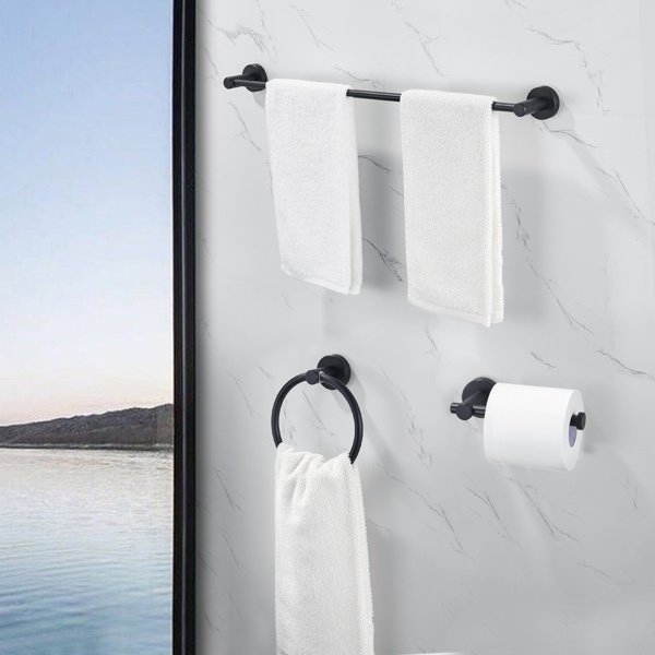 dropship Bathroom Hardware Set; Thicken Space Aluminum 3 PCS Towel bar Set- Matte Black 16-27 Inches Adjustable Bathroom Accessories Set