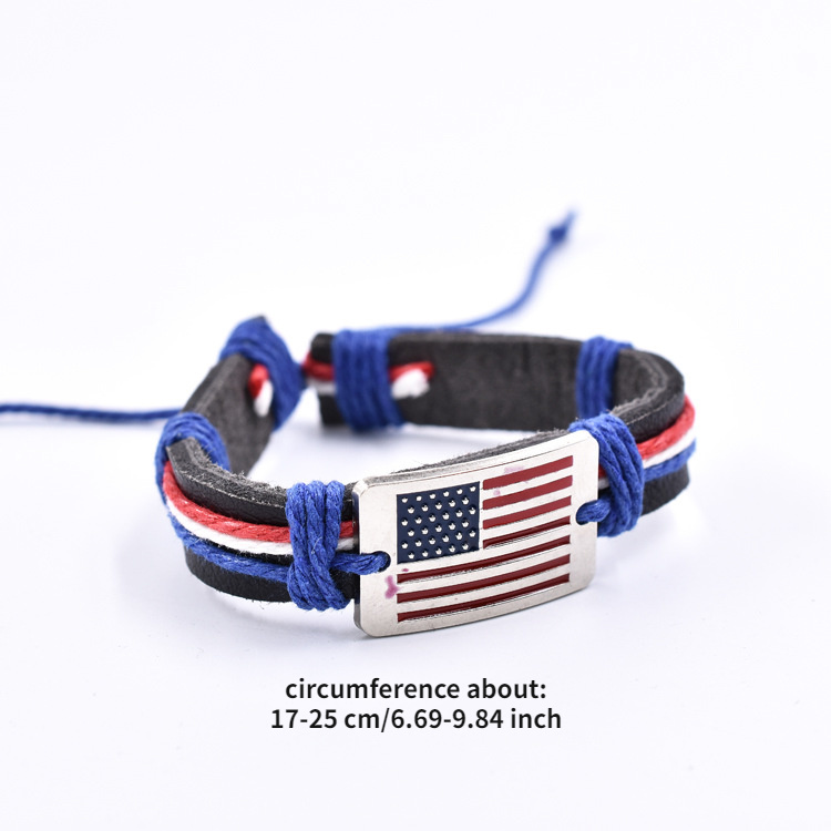dropship Flag Shape Pattern Braided Bracelet With PU Leather Chain Independence Day Presidents Day Decoration