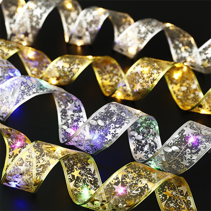 dropship Christmas Decoration LED Ribbon Lights Christmas Tree Ornaments DIY Lace Bows String Light Navidad Home Decoration New Year 2023