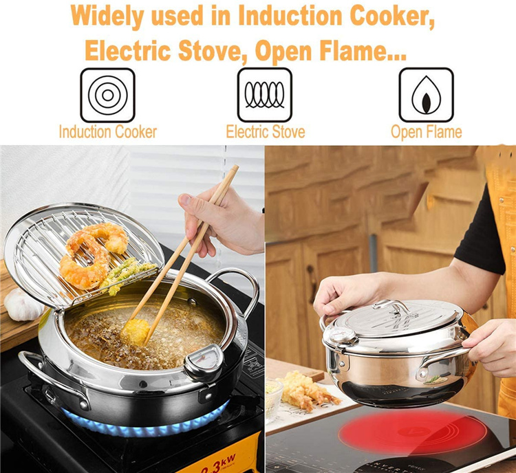 dropship 1pc Tempura Deep Fry Pot, Thickened 304 Stainless Steel Tempura Fryer With Thermometer, Japanese Style Tempura Fryer Pan