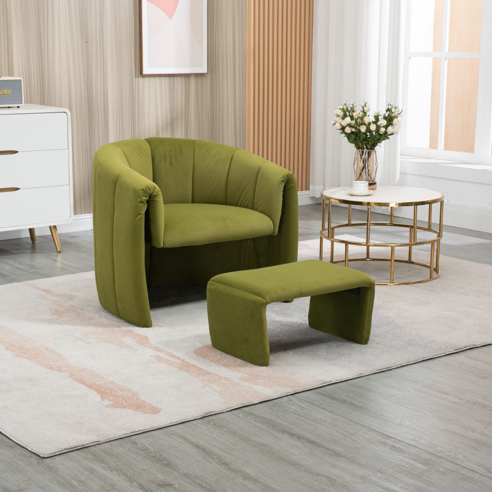 dropship COOLMORE Accent Chair with Ottoman, Mid Century Modern Barrel Chair Upholstered Club Tub Round Arms Chair for Living Room