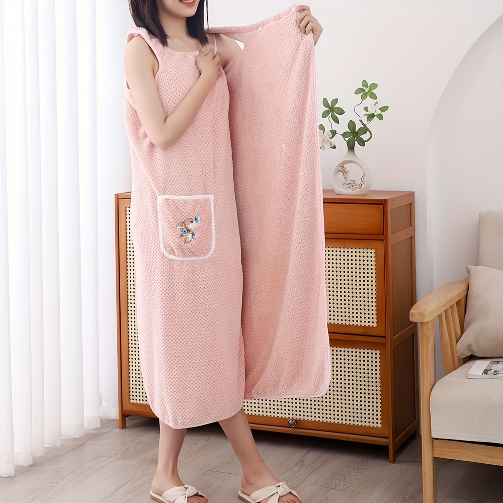 dropship 1pc Women's Shower Dress; Wearable Bath Wrap Towels For Women; Patched Pocket Bathrobe; Shower Spa Wrap For Sauna Beach Pool; Super Absorbent Bath Skirt; Big Bath Towel