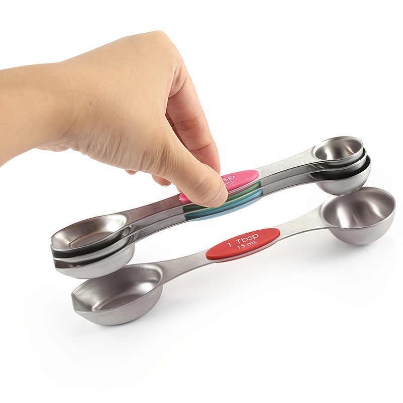 dropship Set Of 8; Magnetic Measuring Spoon Set; Double Sided Stainless Steel Measuring Spoons; Fits In Spice Jars; Stackable Teaspoons; For Measuring Dry And Liquid Ingredients