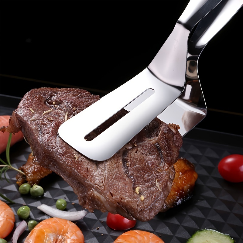 dropship 1pc Stainless Steel Steak Clamps; Kitchen Barbecue Food Flipping Spatula Tongs Clip For Burgers BBQ Pizza Pies Fish; Kitchen Bread Tongs
