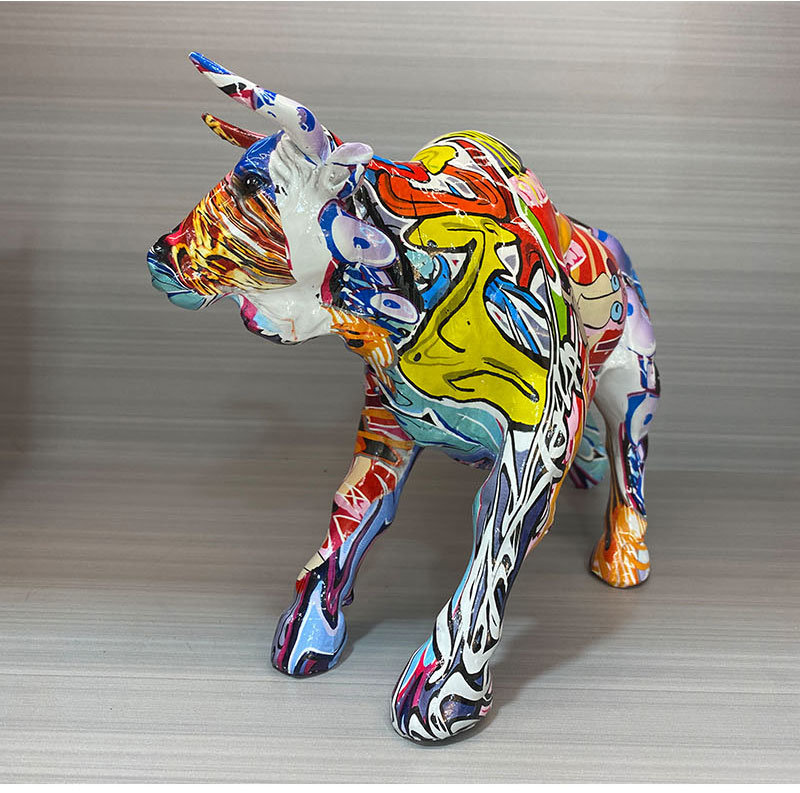 dropship NORTHEUINS Graffiti Painting Resin Bull Figurines Home Living Room Bedroom Office Desktop Feng Shui Ornaments Collection Statues