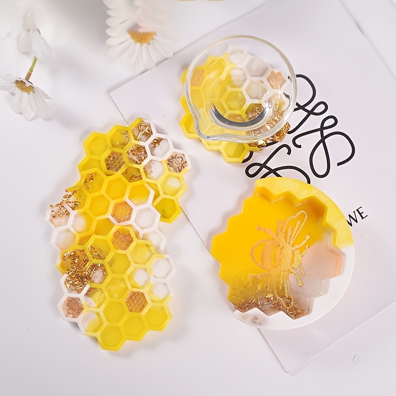 dropship 1pc/5pcs Crystal Drip Rubber Bee Coaster Honeycomb Honeycomb Coaster Setting Table Spacer Silicone Mold