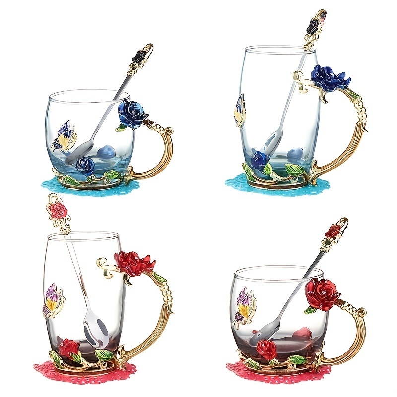 dropship 1pc Rose Enamel Crystal Tea Cup; Coffee Mug; Tumbler Butterfly Rose Painted Flower Water Cups; Clear Glass With Spoon Set