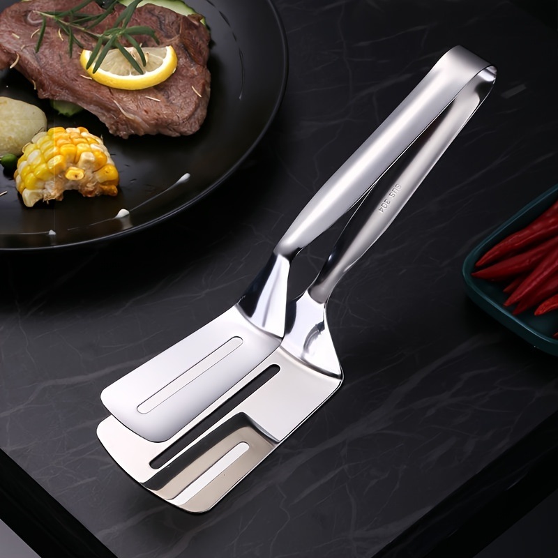 dropship 1pc Stainless Steel Steak Clamps; Kitchen Barbecue Food Flipping Spatula Tongs Clip For Burgers BBQ Pizza Pies Fish; Kitchen Bread Tongs