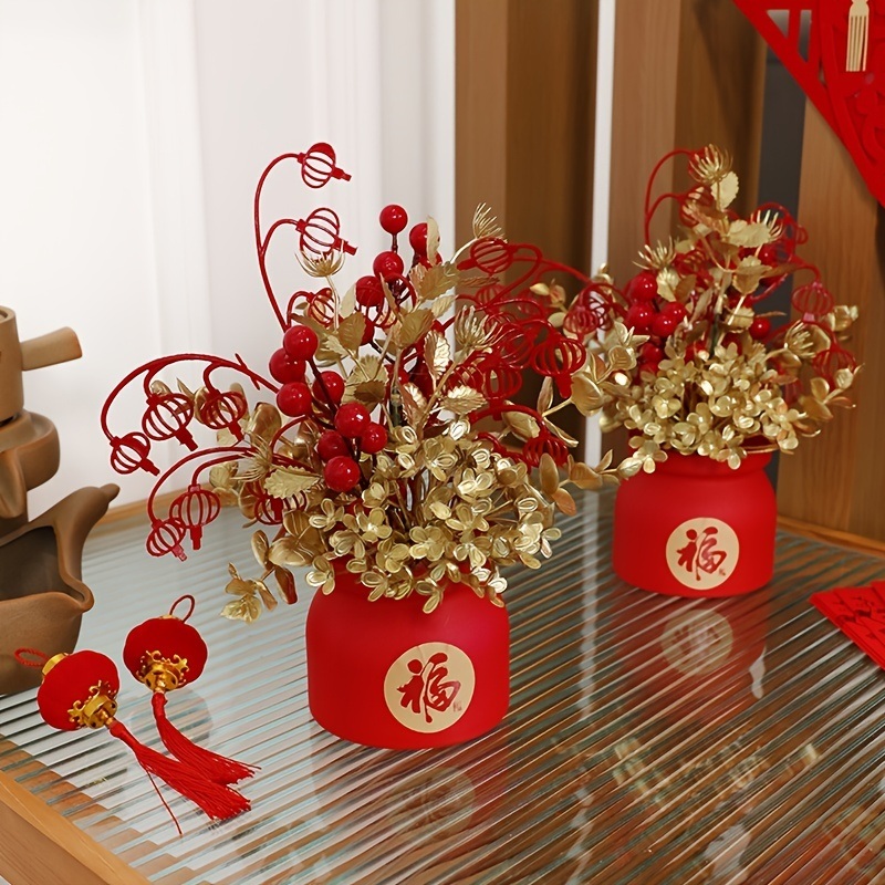 dropship 1pc New Year Spring Festival Pots; Artificial Flowers Plants Festival Pots For New Year Spring Festival Home Restaurant Tabletop Festival Festival Party DIY Decoration