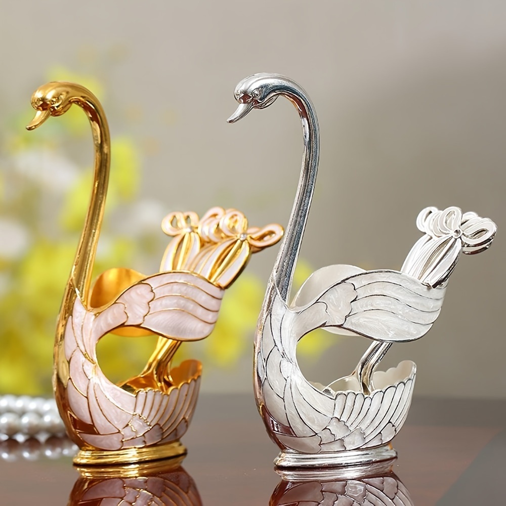 dropship 1pc Coffee Dessert Spoons Set; Swan Base Holder Coffee Spoons Set With 6 Forks Spoons Creative Metal Coffee Dessert Spoon Set For Coffee Dessert Ice Cream Use Great Gift