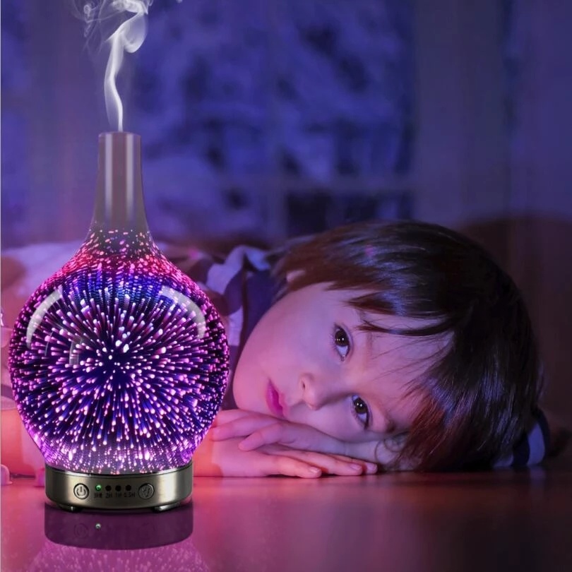 dropship 3D Fireworks Glass Vase Humidifier with 7 Color Led Night Light Aroma Essential Oil Diffuser Cool Mist Maker for Home Office