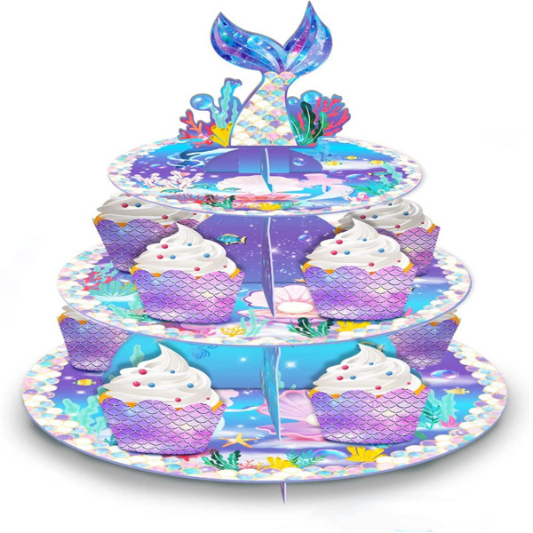 dropship Mermaid Cake Stand Dessert Table Display Set Serving Tray 3-Tier Cardboard Cupcake Stand Holder Tower Round Desserts Pastry Birthday Party Supplies for 12-18 Cupcakes