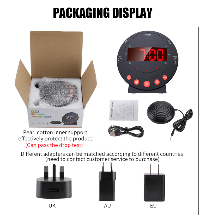 dropship LED Vibrating Loud Alarm Clock Strong Bed Vibration Shaker for Heavy Sleepers Deaf Senior Kids Display Dimmer Snooze USB Charger