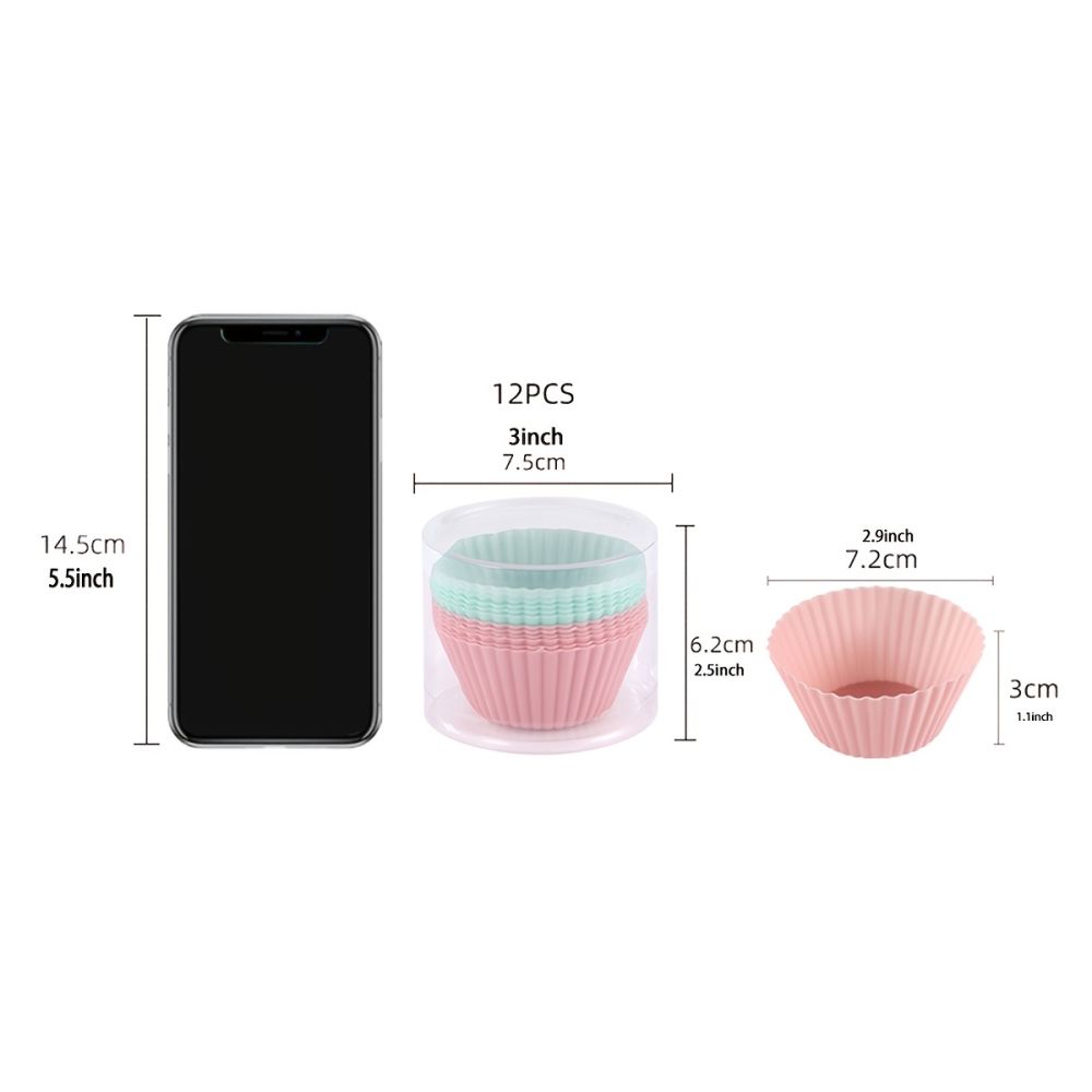 dropship 12pcs Silicone Baking Cups; Reusable Cupcake Liners; Non-stick Muffin Cups; Cake Molds Set; Standard Size Cupcake Holder