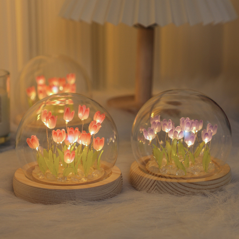 dropship 1pc Tulips Gifts For Women Flower Gifts For Her Gifts For Women Birthday Xmas Gift For Mom; Artificial Decor In Glass Dome With Led Light Night Light; Women Gifts For Her; Mom