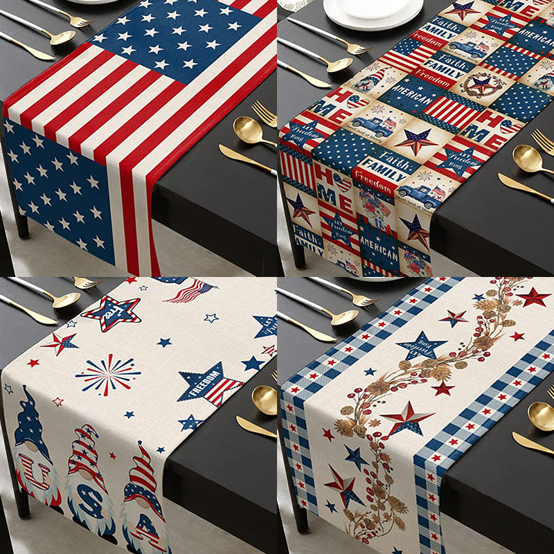 dropship 1PC Rectangle Linen Blend Striped Table Runners; Independence Day Home Decoration