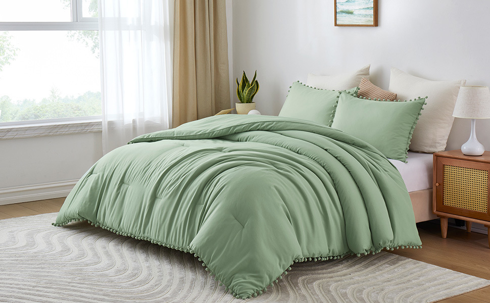 dropship Boho Comforter Set, Boho Bedding set with Pom Poms Fringe Design, 1 Aesthetic Comforter and 2 Pillowshams