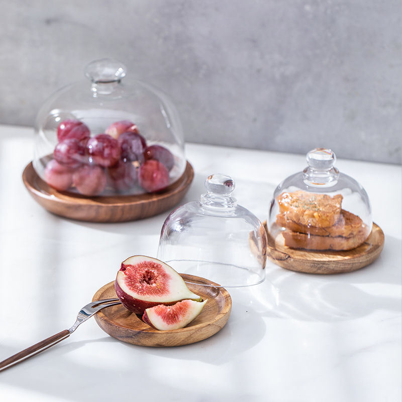 dropship 1pc Pastry Plate WithTransparent Glass Cover; Fruit Plate With Glass Top; Small Circle Wooden Tray With Glass Lid