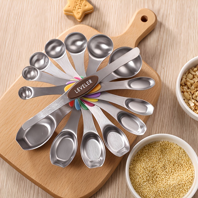 dropship Set Of 8; Magnetic Measuring Spoon Set; Double Sided Stainless Steel Measuring Spoons; Fits In Spice Jars; Stackable Teaspoons; For Measuring Dry And Liquid Ingredients