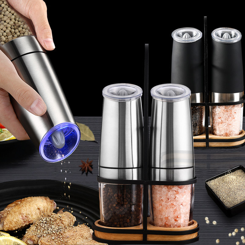 dropship Electric Salt and Pepper Grinders Stainless Steel Automatic Gravity Herb Spice Mill Adjustable Coarseness Kitchen Gadget Sets