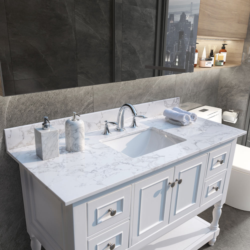 dropship Montary bathroom vanity top stone carrara white new style tops with rectangle undermount ceramic sink and back splash