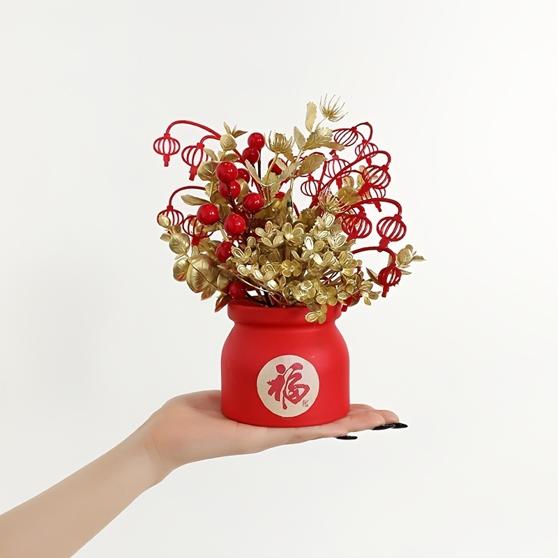 dropship 1pc New Year Spring Festival Pots; Artificial Flowers Plants Festival Pots For New Year Spring Festival Home Restaurant Tabletop Festival Festival Party DIY Decoration