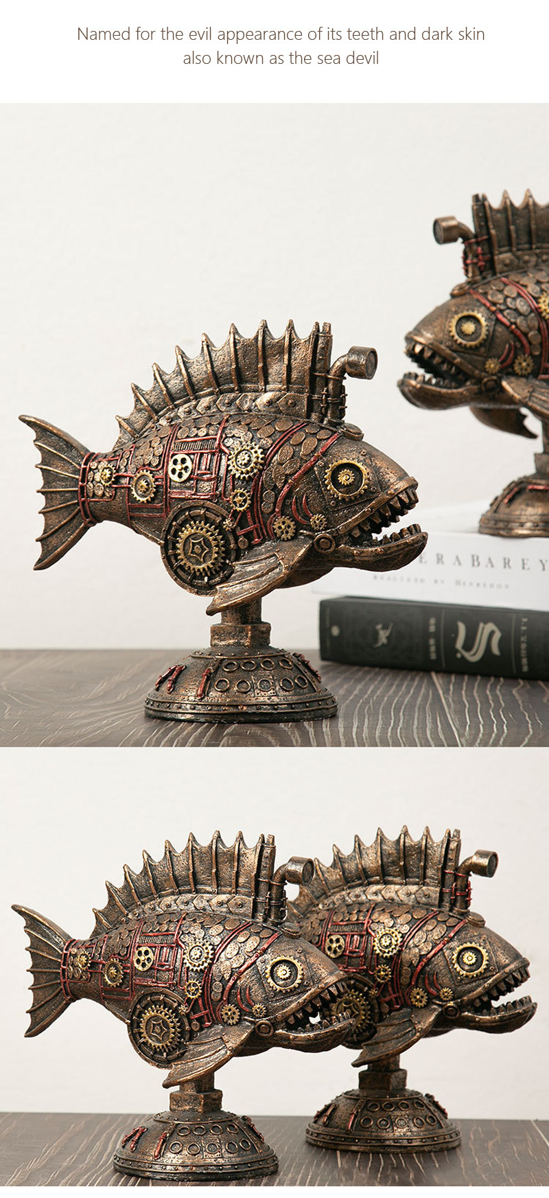 dropship NORTHEUINS Resin Retro Steampunk Blackfish Figurines Black Whale Classic American Craft Home Living Room Office Decor Accessorie