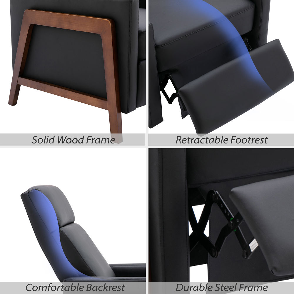 dropship Wood-Framed PU Leather Recliner Chair Adjustable Home Theater Seating with Thick Seat Cushion and Backrest Modern Living Room Recliners, Black(Old SKU:PP289527AAB)