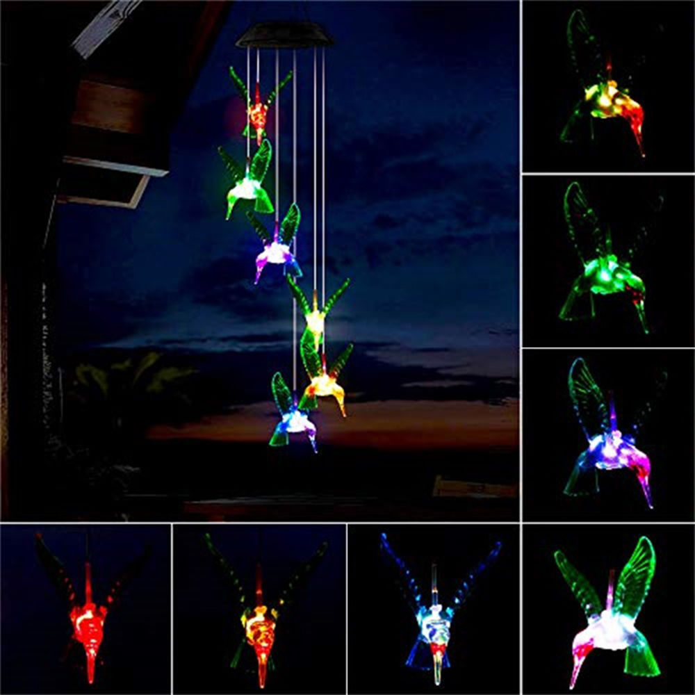 dropship LED Colorful Solar Power Wind Chime Crystal Hummingbird Butterfly Waterproof Outdoor Windchime Solar Light for Garden outdoor