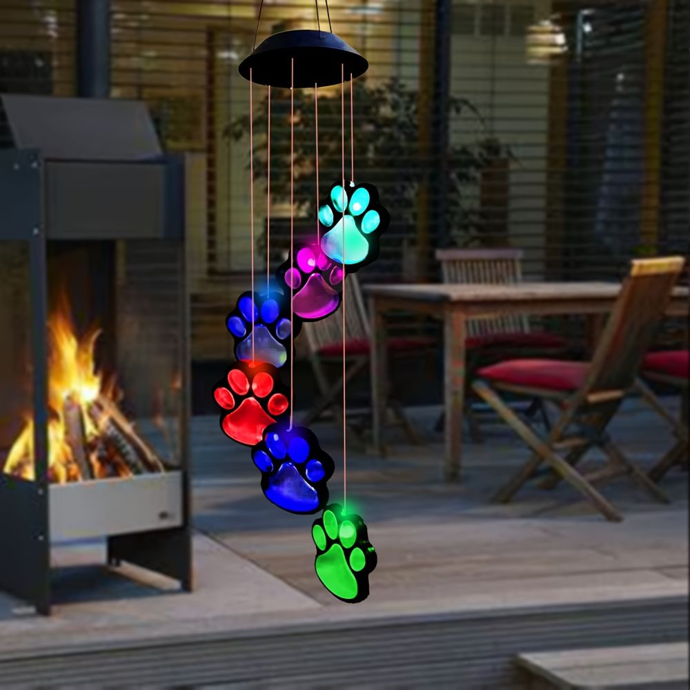 dropship 1pc; Paw Print Solar Wind Chimes For Outside; Dogs Cat Pet Paw Print Remembrance Wind Chimes; Waterproof Color Changing Solar Hanging Lights; Sympathy Gift For Pet Lover; Balcony; Patio; Yard Decor