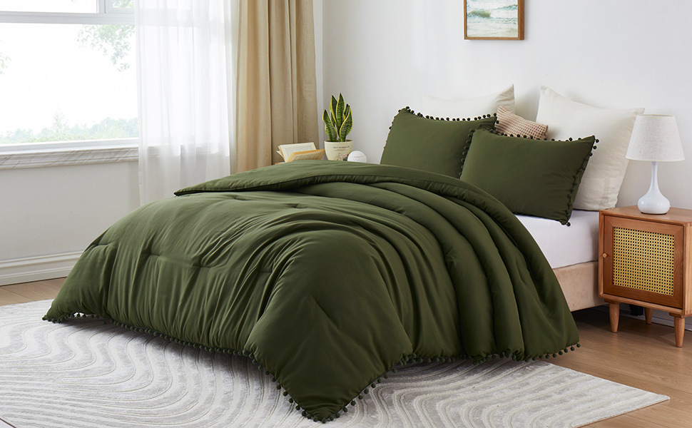 dropship Boho Comforter Set, Boho Bedding set with Pom Poms Fringe Design, 1 Aesthetic Comforter and 2 Pillowshams