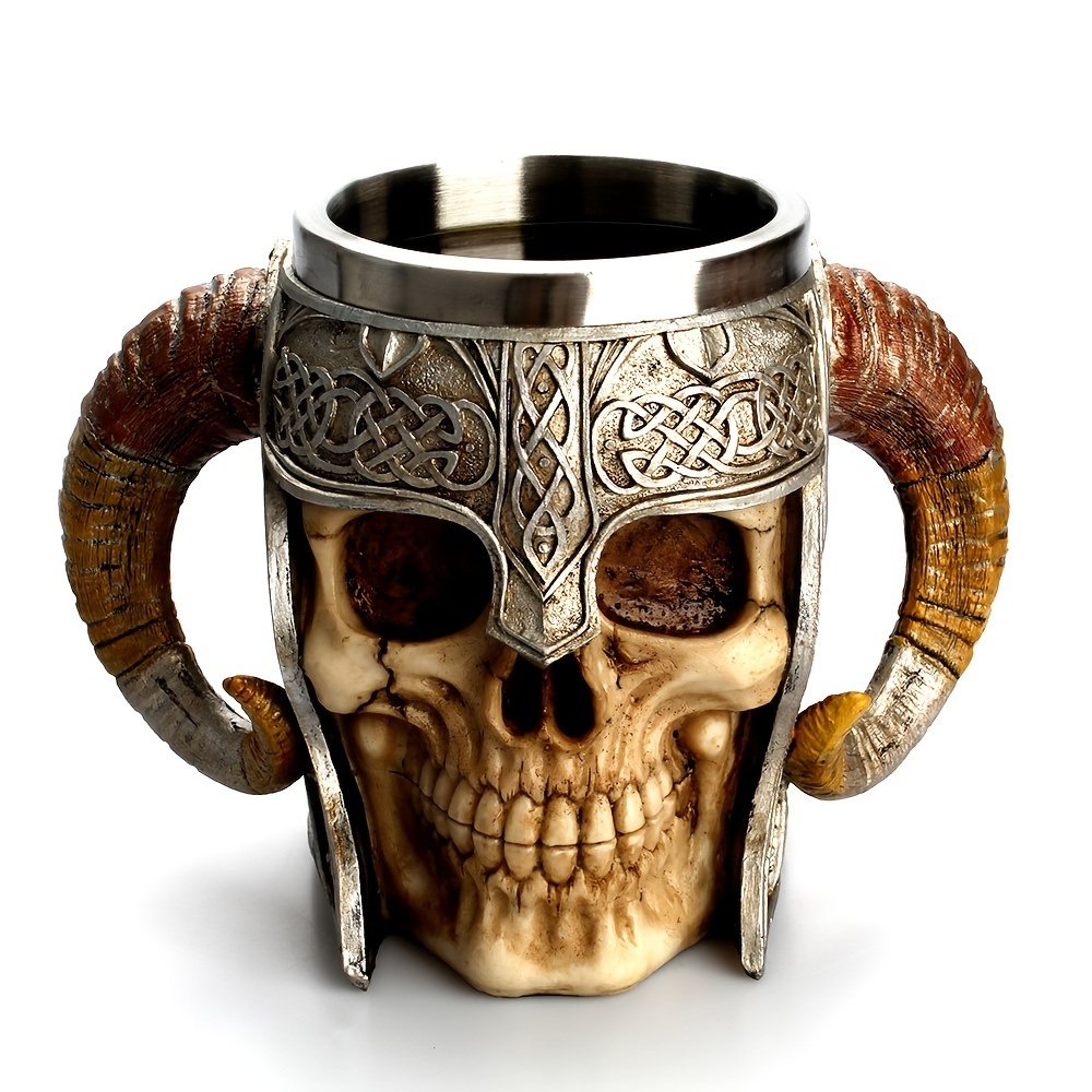dropship 1pc Horn Cup; Skull Cup; Beer Glass; 3D Viking Skull Beer Mug; Coffee Cup; Stainless Steel Viking Drinking Mug With Double Ram Horn