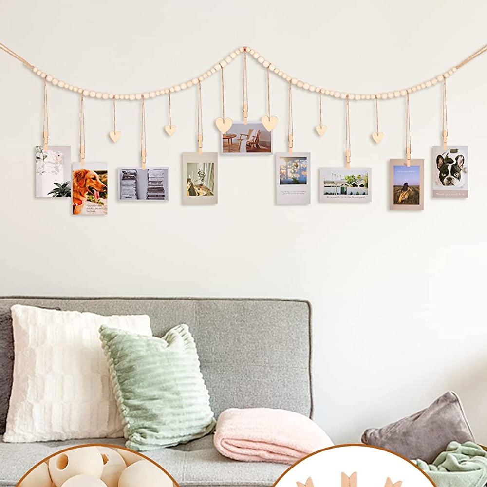 dropship Home Decoration Photo Display Belt, Wooden Bead Chain, Photo Storage Hemp Rope String Beads Clip