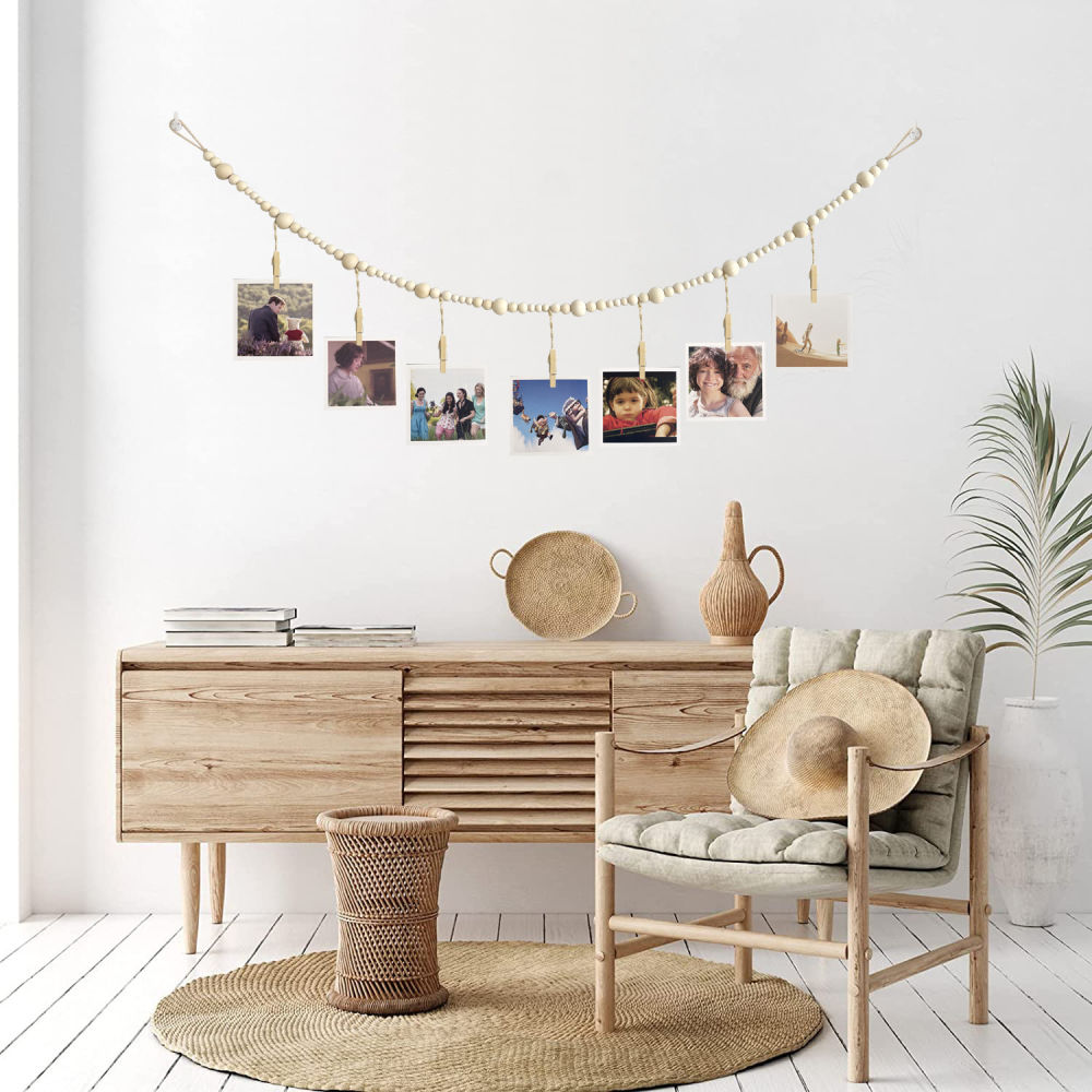 dropship Home Decoration Photo Display Belt, Wooden Bead Chain, Photo Storage Hemp Rope String Beads Clip