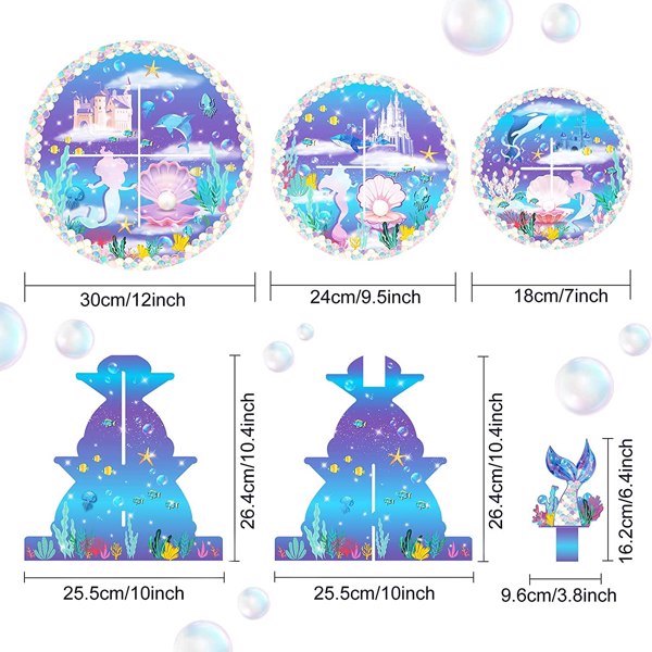 dropship Mermaid Cake Stand Dessert Table Display Set Serving Tray 3-Tier Cardboard Cupcake Stand Holder Tower Round Desserts Pastry Birthday Party Supplies for 12-18 Cupcakes