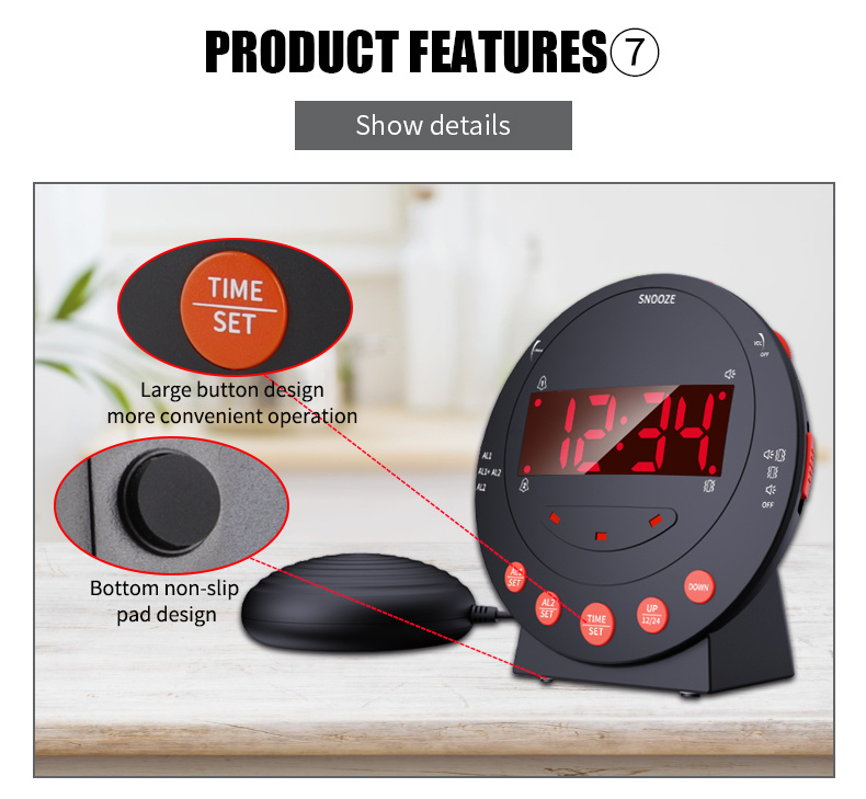 dropship LED Vibrating Loud Alarm Clock Strong Bed Vibration Shaker for Heavy Sleepers Deaf Senior Kids Display Dimmer Snooze USB Charger
