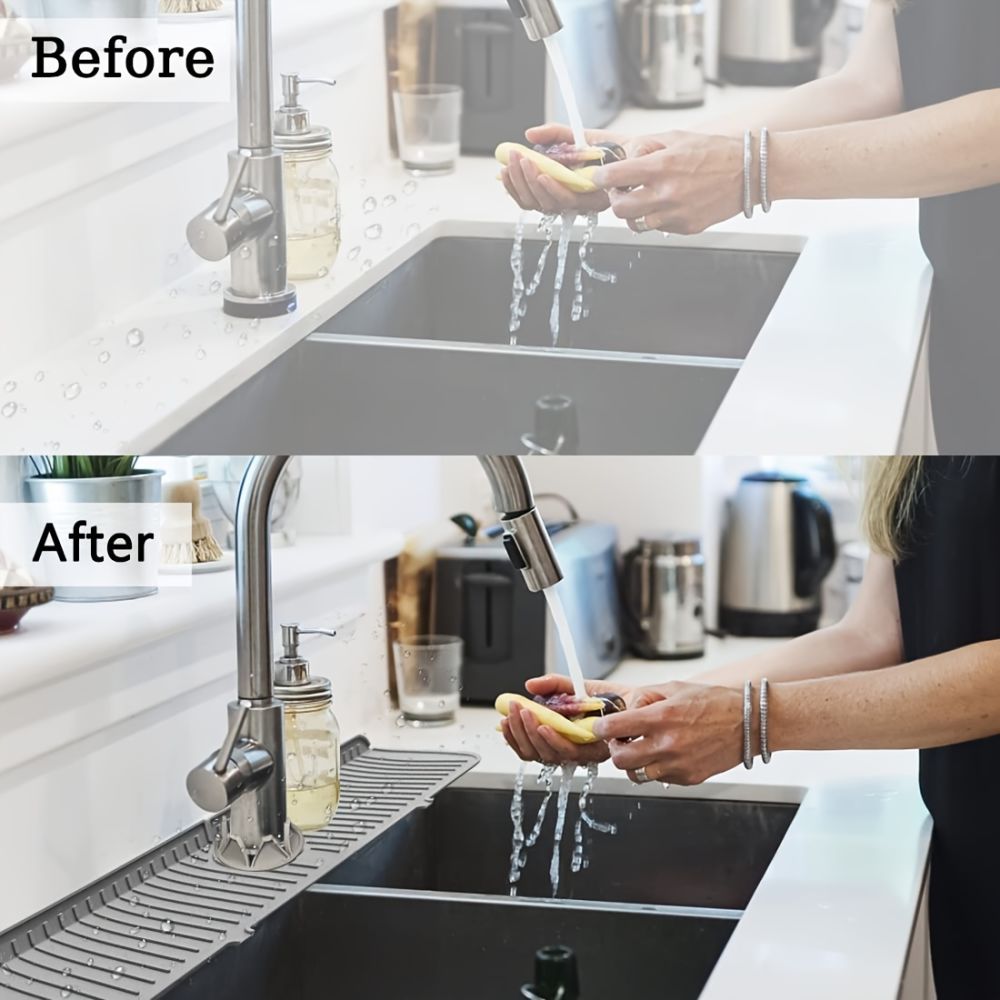 dropship 1pc Faucet Sink Splash Guard Mat, Silicone Faucet Water Catcher Mat Cover, Sink Draining Pad Behind Faucet, Gray Black Silicone Drying Mat For Bathroom Countertop Protect