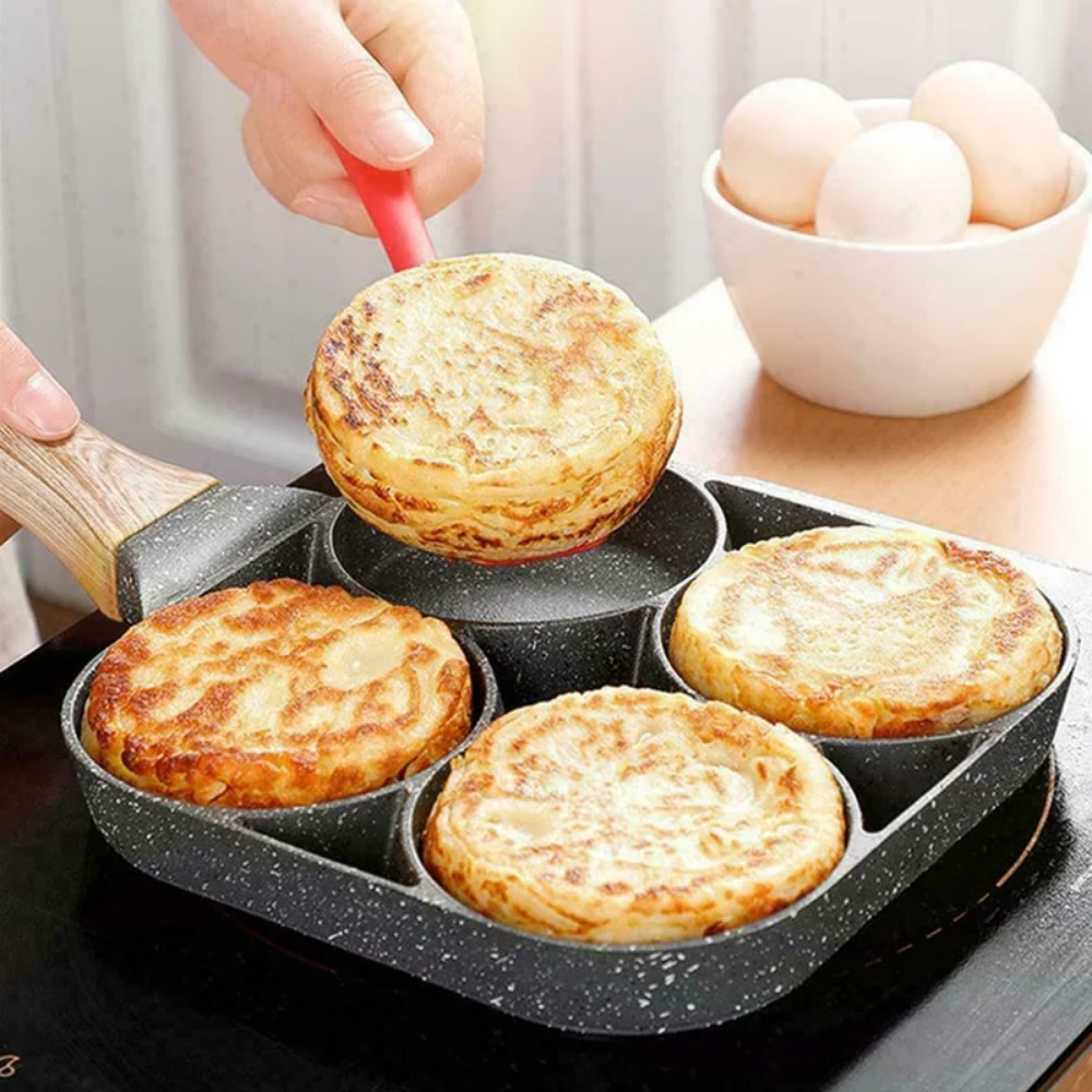dropship 1pc Fry Pan For Egg, Non Stick Ham Pancake Maker, Egg Burger Pan With Wooden Handle, 4 Holes, For Induction Cooker Gas Stove