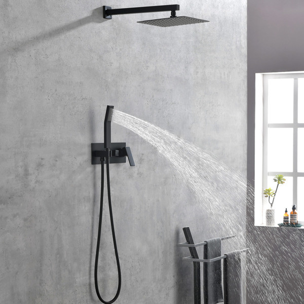 dropship Brass Matte Black Shower Faucet Set Shower System 10 Inch Rainfall Shower Head with Handheld Sprayer Bathroom Luxury Rain Mixer Combo