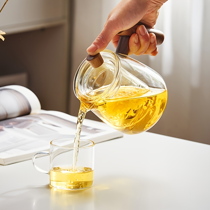 dropship 1pc High Borosilicate Heat-resistant Glass Teapot With Walnut Handle; 530ml/17.9oz; Removable Glass Filter; Transparent Tea Kettle