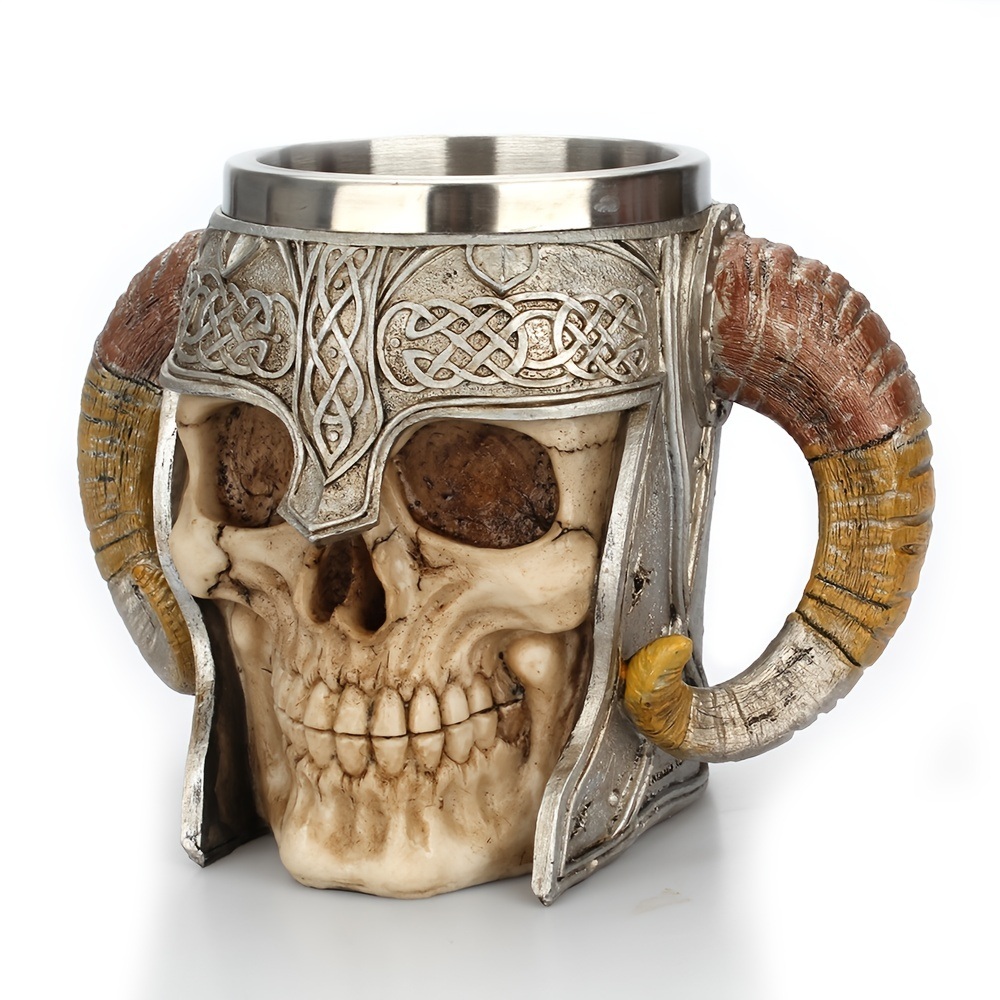 dropship 1pc Horn Cup; Skull Cup; Beer Glass; 3D Viking Skull Beer Mug; Coffee Cup; Stainless Steel Viking Drinking Mug With Double Ram Horn