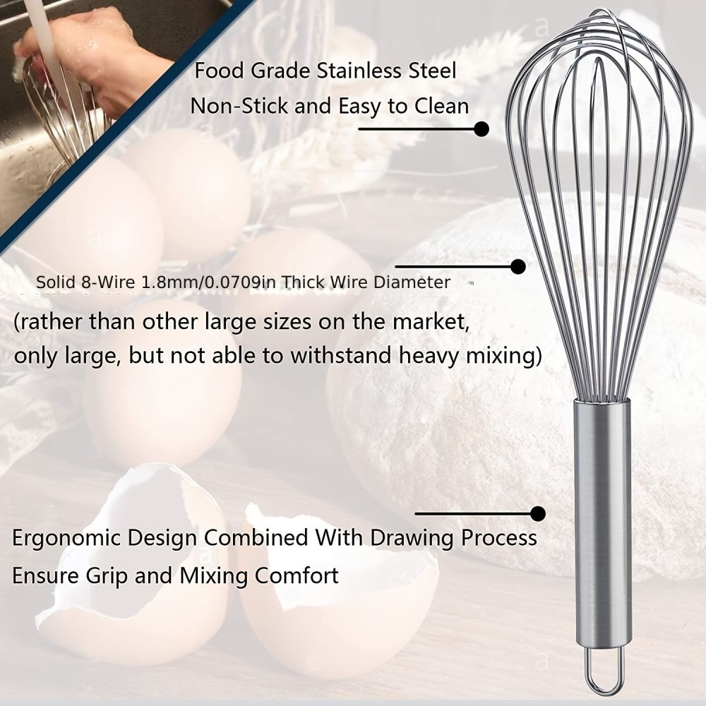 dropship 1pc Stainless Steel Whisk; Cooking Mixer; Whisk For Blending; Beating And Stirring; Enhanced Version Balloon Wire Whisk; Kitchen Gadget; 8in/10in/12in