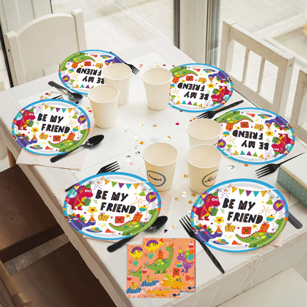 dropship Dinosaur Plates Disposable Paper Plate Party Supplies Pack Birthday Dinnerware Serves 16 for Boy Kids Perfect Tableware Includes Plates; Napkins; Forks 68PCS