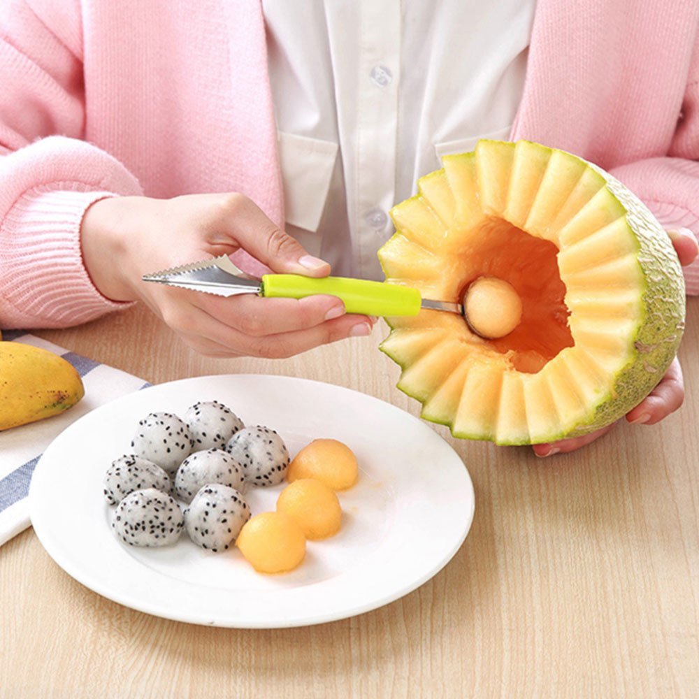 dropship Double Head Stainless Steel Fruit Digging Spoon; Corrugated Carving Knife Watermelon Fruit Platter Tool; Spoon Digger