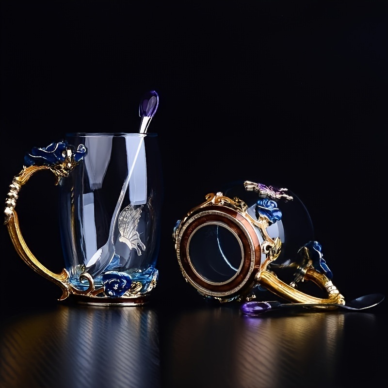 dropship 1pc Rose Enamel Crystal Tea Cup; Coffee Mug; Tumbler Butterfly Rose Painted Flower Water Cups; Clear Glass With Spoon Set