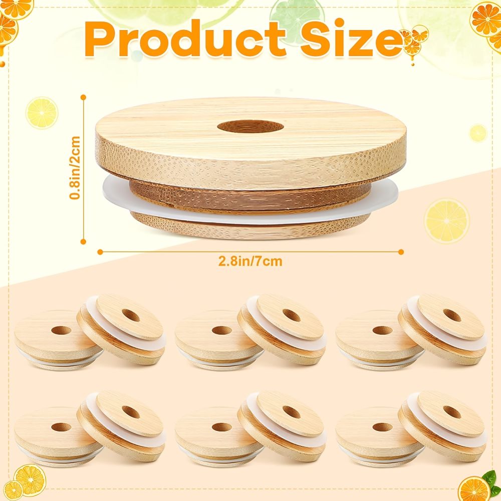 dropship 2/4pcs Bamboo Jar Lids With Straw Hole; Reusable Bamboo Jar Lids; Leak Proof Glass Canning Drinking Storage Jars; Canning Lids With Silicone Ring For Mason Canning Jar