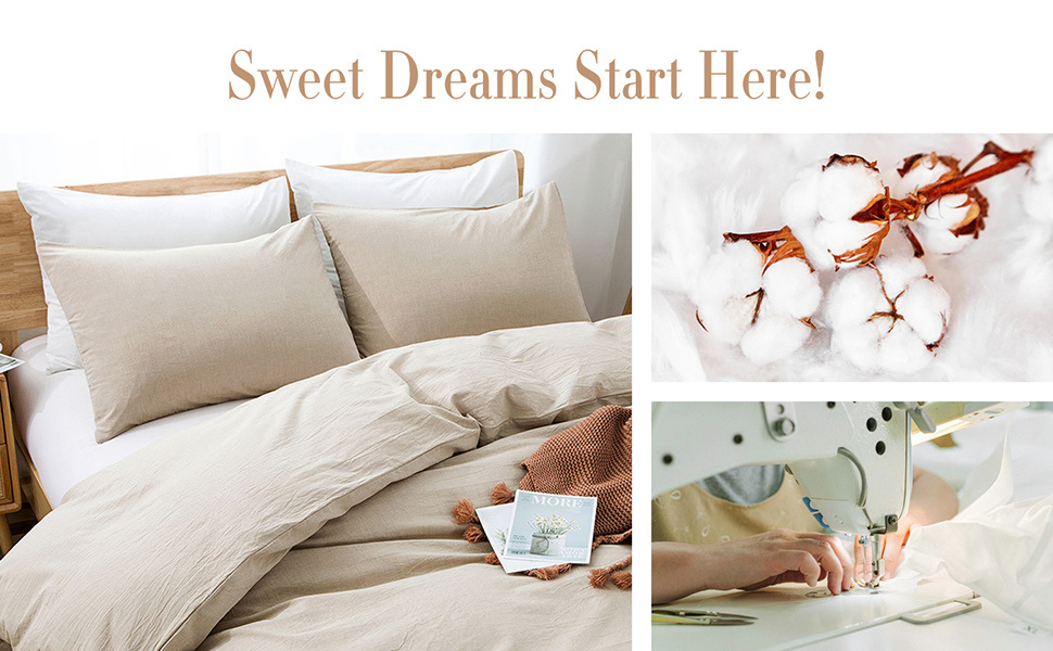dropship 100% Washed Cotton Duvet Cover Set, Durable Fade-Resistant Natural Bedding Set (No Comforter)