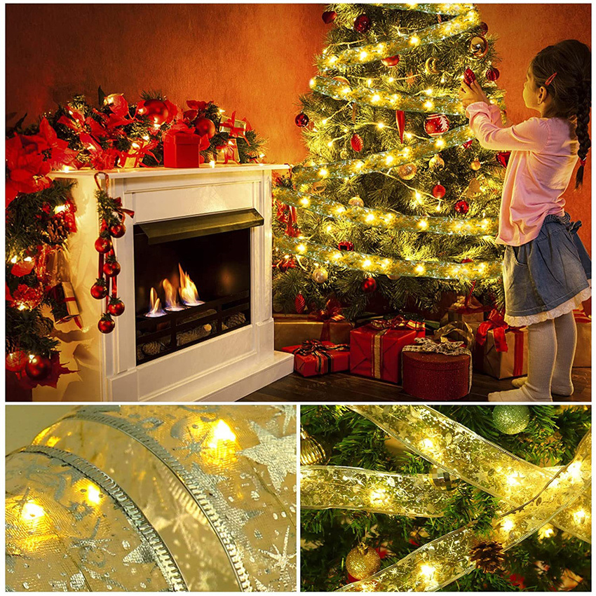 dropship Christmas Decoration LED Ribbon Lights Christmas Tree Ornaments DIY Lace Bows String Light Navidad Home Decoration New Year 2023
