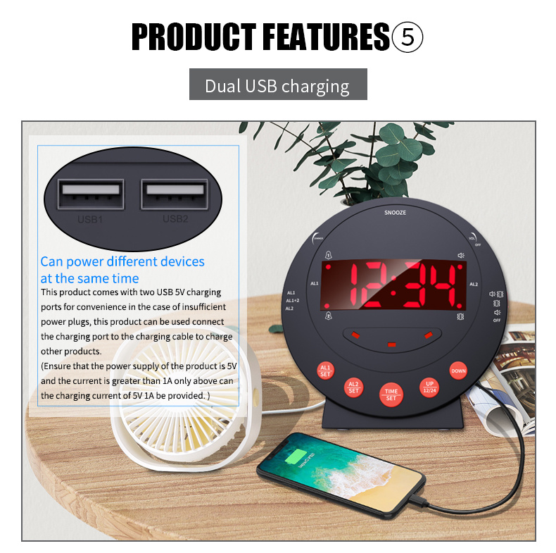 dropship LED Vibrating Loud Alarm Clock Strong Bed Vibration Shaker for Heavy Sleepers Deaf Senior Kids Display Dimmer Snooze USB Charger